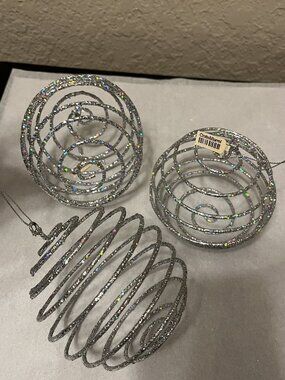 Set of 3 Crate & Barrel Silver Glittery Swirl Style Christmas Tree Ornaments